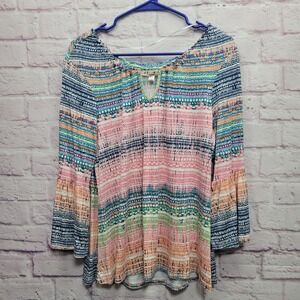 NEW Spense Petite Boho Aztec Print Blouse Sz PM Bell Sleeve Bohemian Festival